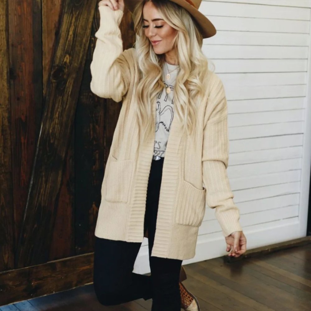 Easy Does It Knit Cardigan w/ Pockets-Khaki